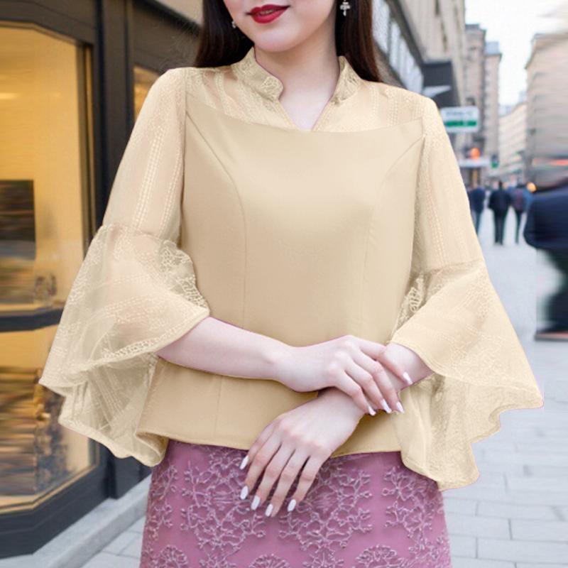 

ZANZEA Women Casual V-Neck 3/4 Sleeve Mesh Patchwork Blouse XL