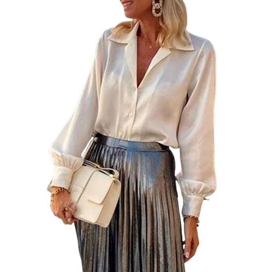 

Женская рубашка весна-осень, однобортная, с лацканами, с длинным рукавом, для поездок на работу, с плиссированной глянцевой поверхностью S