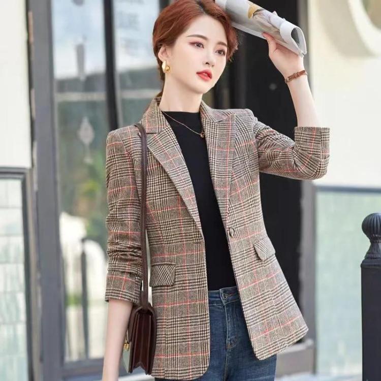 Slim Plaid Blazer Women Casual Spring Fall Jacket