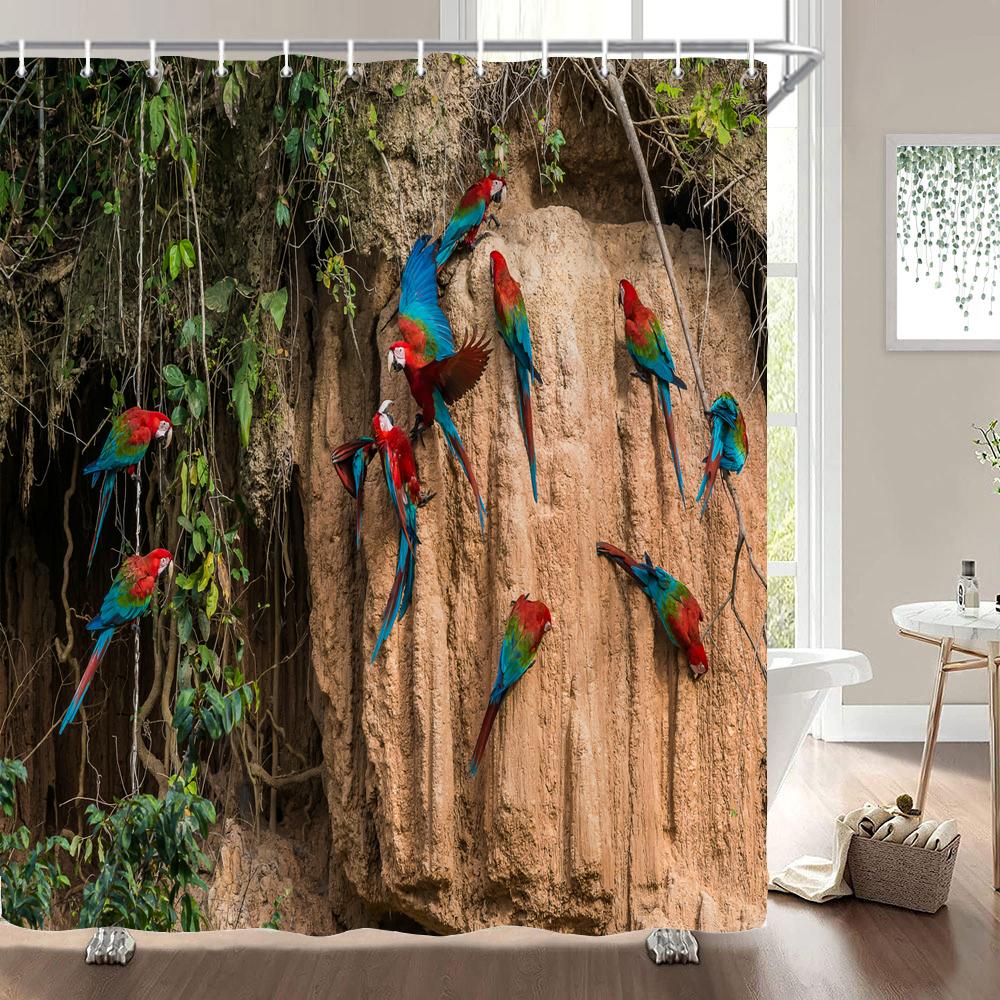 1Pcs Rustic Style Birds Printed Fabric Waterproof Shower Curtain, Birds Pattern Bathroom Decoration Curtain, With Hooks