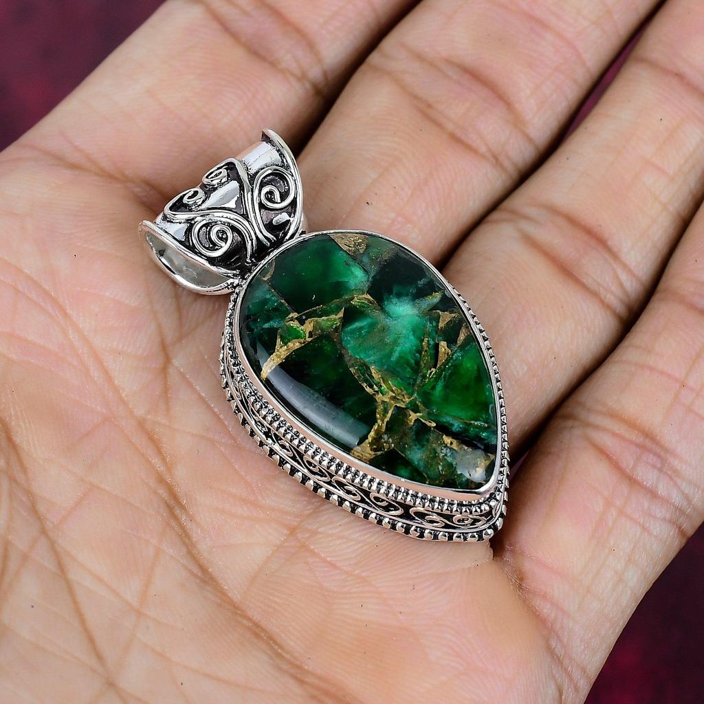 Green Copper Turquoise Handmade Gemstone Pendant, 925 Solid Sterling Silver Pendant Birthstone Jewelry, Love Forever Gift