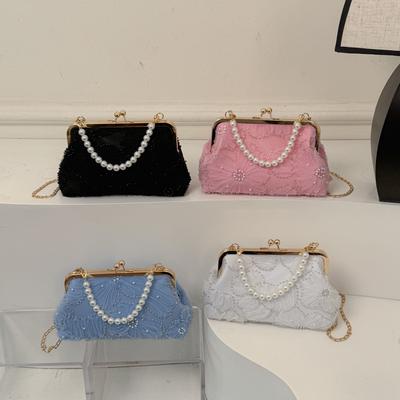 Borsa da Mano con Chiusura a Fiore e Perle, Pochette, Borsa a Catena, Custodia Realizzata con Conchiglie