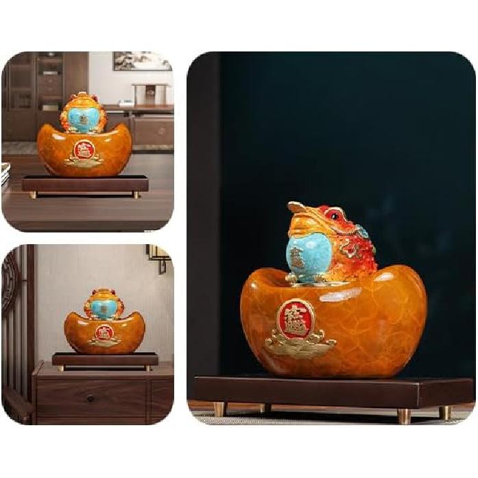 Aris & Juno Hand-Painted Copper Money Toad with Ingot Base, Traditional Chinese Wealth Attracting Statue with 360° Rotation, Feng Shui Office Desk