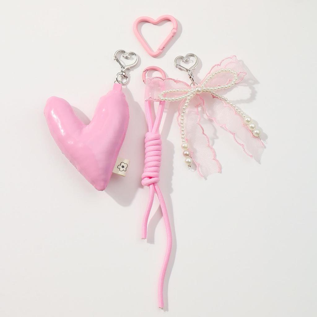 Sweet & Stylish Leather Heart Beaded Rhinestone Bow DIY Keychain Charm