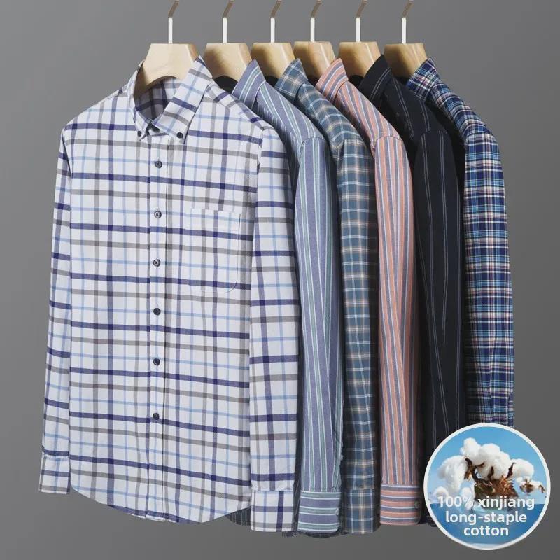 Herr Långärmad Randig Oxford Bomullsskjorta - Casual Vår Affärsklädsel