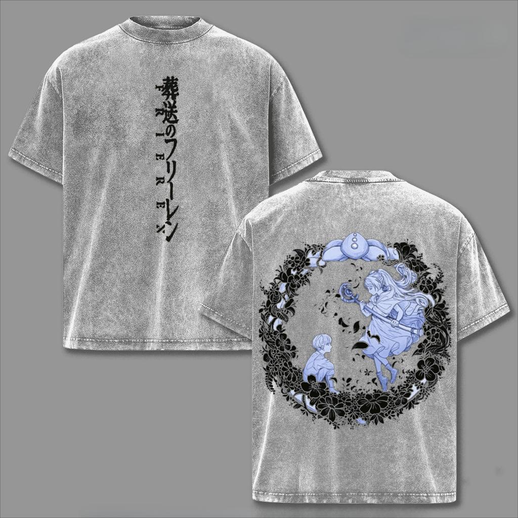 Anime Frieren Himmel T-Shirt Manga Gedruckt Gewaschen Y2k T-Shirt Sommer Lässig Locker Kurzarm Baumwolle T-Shirts Oberteile Herren Kleidung