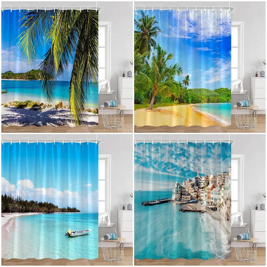 Seaside Beach Shower Curtain Summer Holiday Coconut Tree Sea View Bathroom Bathtub Decoration Polyester Shower Curtain
