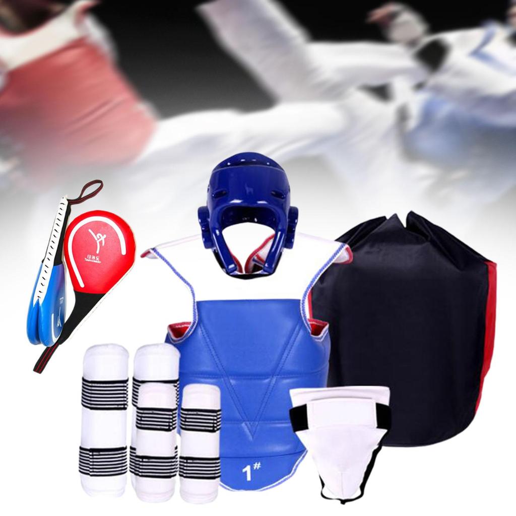 6 Pieces Taekwondo Protective Gear Set Crotch Protector with Shin Arm Guards 150 to 160cm Blue