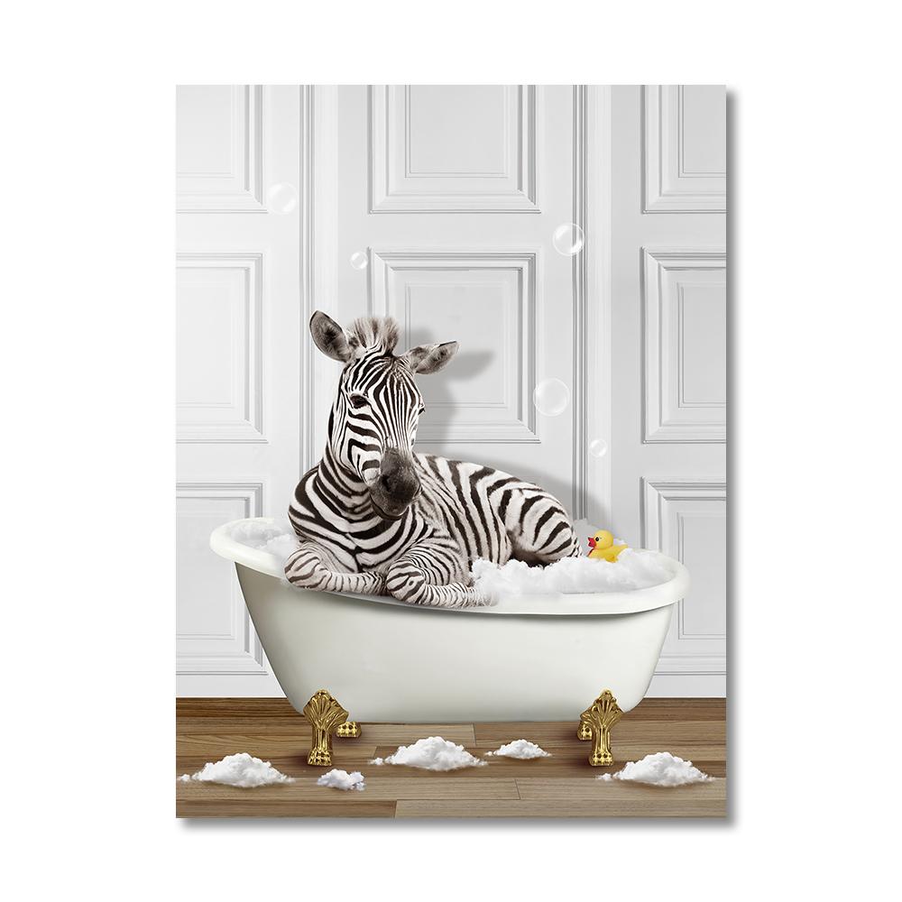 Animais Engraçados Arte de Parede Impressões de Pôster Girafa Banheira Pinguim Elefante Zebra Pintura em Tela Imagem para Quarto de Banho Quarto Decoração de Casa
