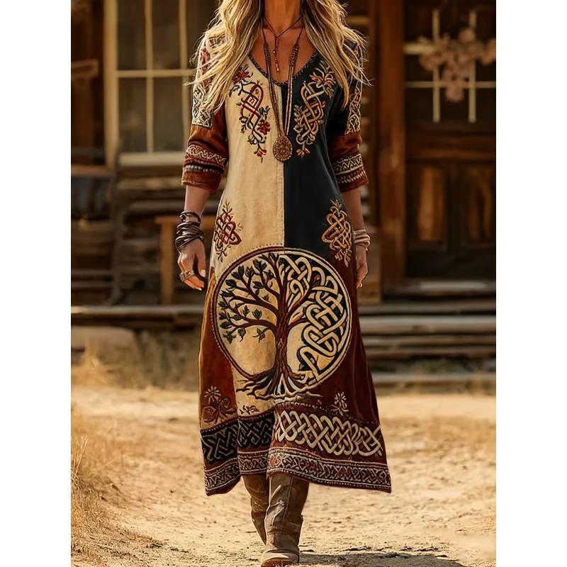 Creative Tie-dye Printing Women's New V-neck Long-sleeved Dress Medium and Long Dress