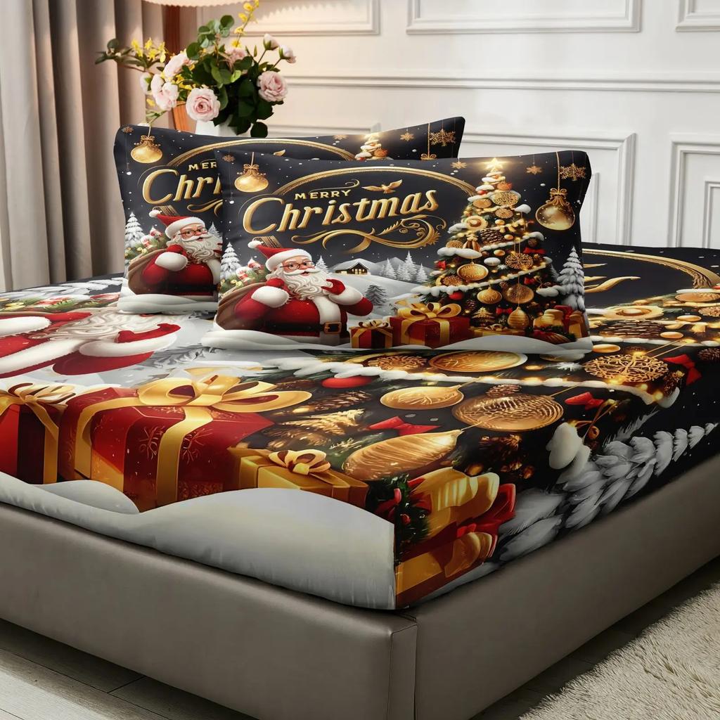 3pcs 85G July Polyester and Nylon Gorgeous Christmas Moon Color, Tree and Santa Digital Fitted Sheet Set, Soft, Comfortable, Bed