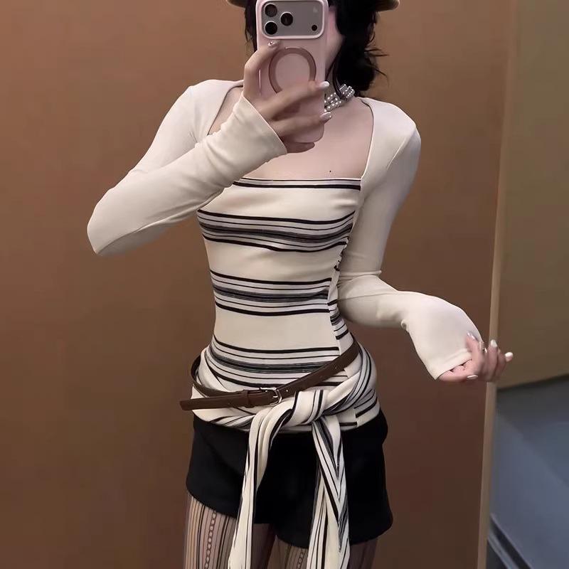American Sexy Contrast Stripe Two-Piece Long-Sleeve Women's Top with Bow - Slimming Autumn/Winter Base Layer