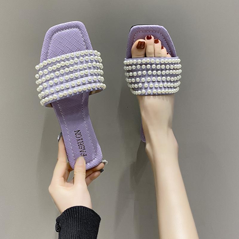 

2025 square head one-word flat-bottomed comfortable slippers summer new women s drag outside casual beach large size sandals 42 лавандовый
