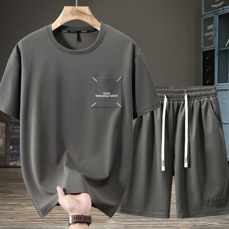 

Мужской летний свободный спортивный костюм больших размеров с круглым вырезом и коротким рукавом, футболка + шорты, повседневный комплект из двух предметов 8XL серый
