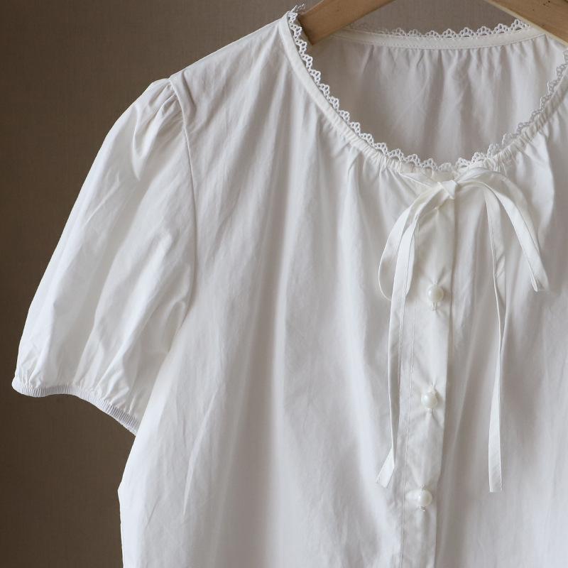 Bi Zheng 2025 Summer Korean Style Lace Patchwork Bubble Sleeve Tie-Up Shirt