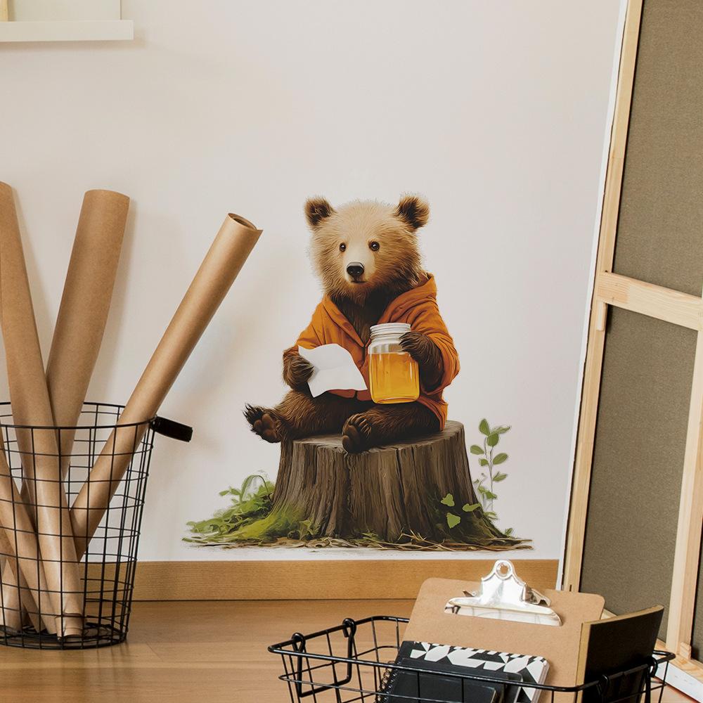 Honey-Eating Adorable Brown Bear Wall Sticker Playful Sweet Self-Adhesive Removable Decor for Kids Room Bedroom