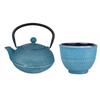 Blue Asagao Cast Iron Teapot 0.9L + Blue and Silver Cast Iron Cup
