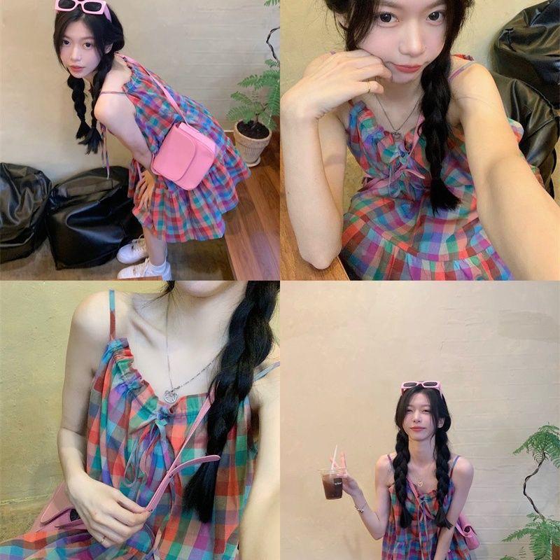 Korean Rainbow Plaid Suspender Dress - Women's Summer Sweet Loose Fit