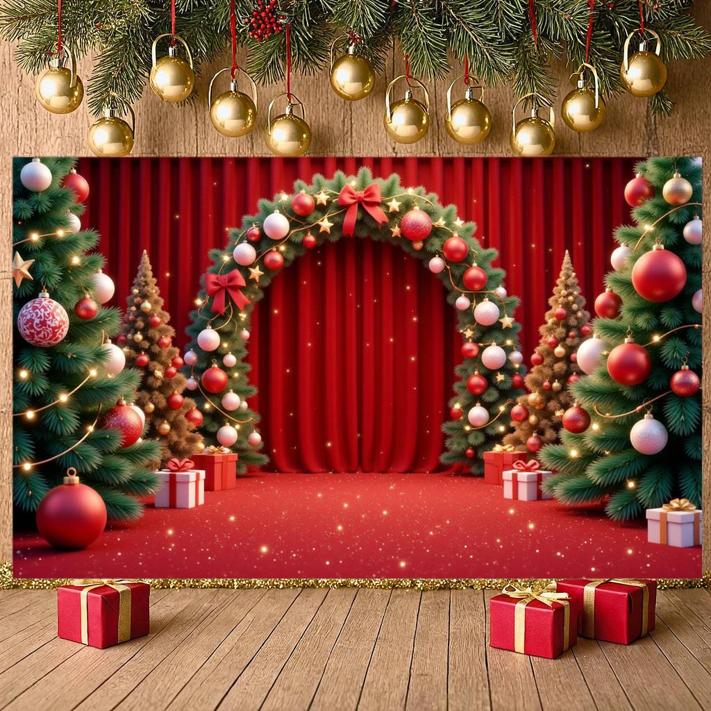 Christmas Ornament Festive Holiday Backdrop Winter Banner Red Theme Christmas Banner For Xmas Celebration Photo Shoot Indoor