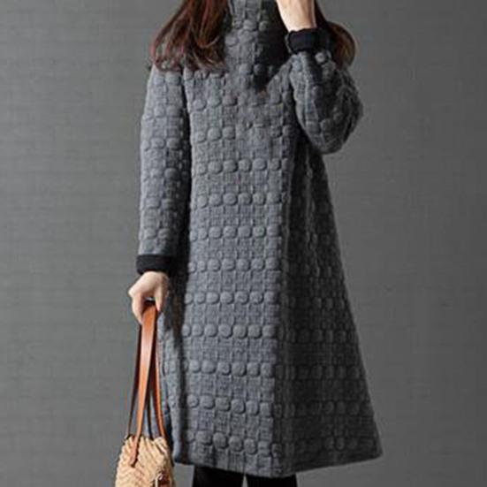 Lady Dress Solid Color Stand Collar Casual Loose Knee Length Winter Dress for