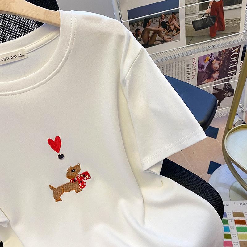 Foreign Style Heavy Cartoon Embroidery Short-sleeved T-shirt Women's Summer New High-end Water Soft Cotton Loose Half-sleeved Top