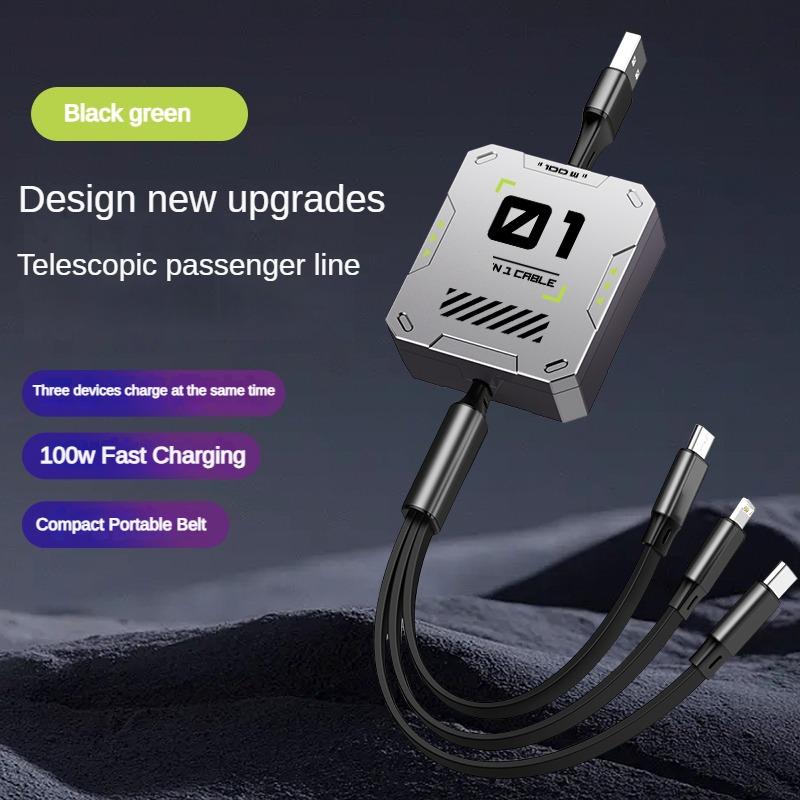 3 in 1 Multi Retractable USB Phone 100W Fast Charging and Data Cable for Lightning/Android/Type-C Devices