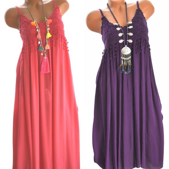 Vintage Women Lace Flower Sleeveless Solid Color Ruffle Casual Summer Maxi Dress