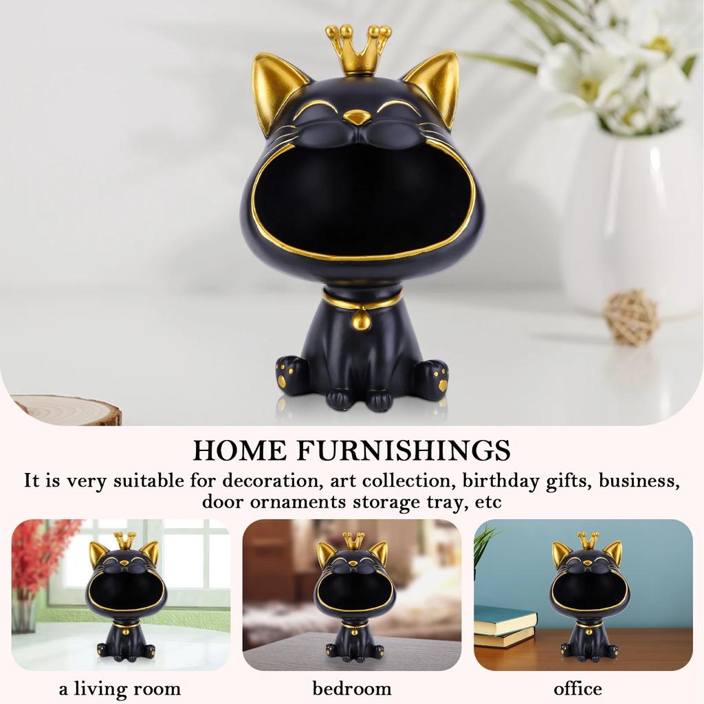 Estátua de gato rindo, resina, estátua de gato da sorte, decoração, recipiente criativo para itens pequenos, acessórios de armazenamento de mesa fofos