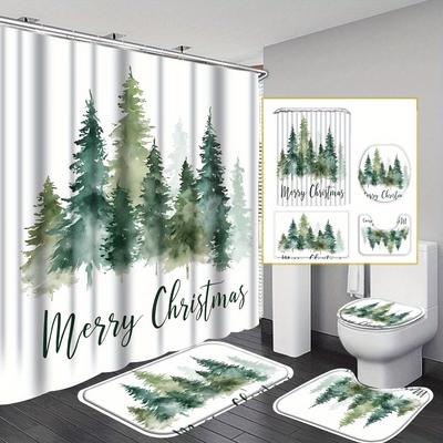 4Pcs Bathroom Shower Curtain Set Christmas Trees Pattern Bathroom Curtain With 12 Hooks Non Slip Rugs Toilet Cover Mat Bathroom Partition