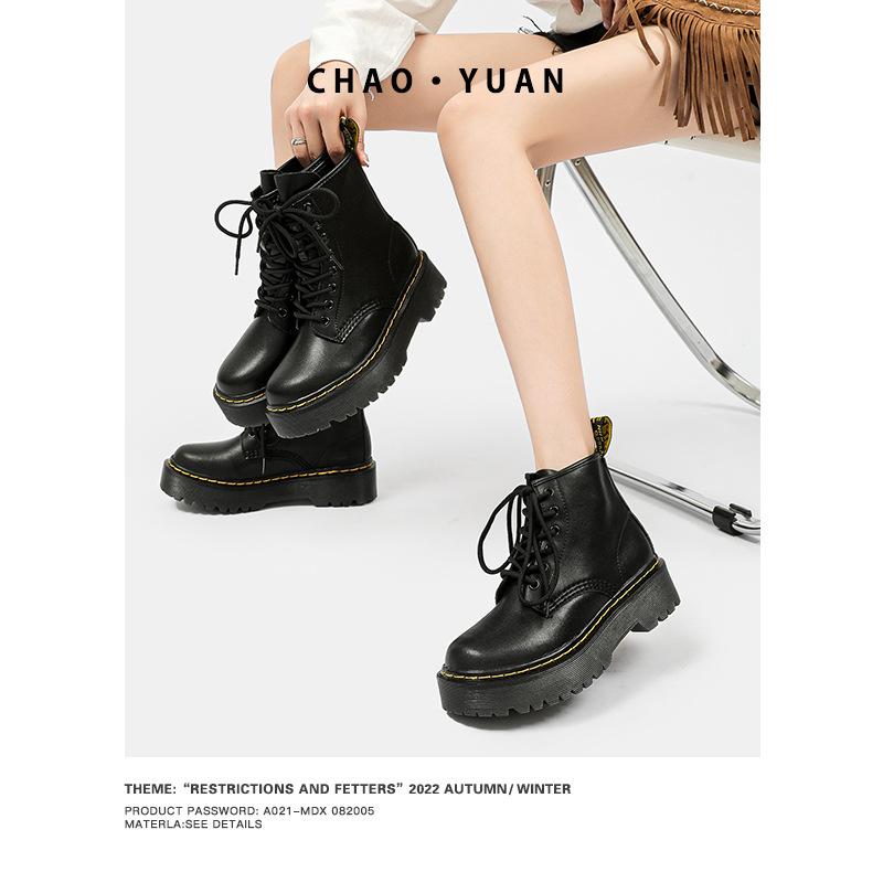 Thick-soled Martin boots women's short boots 2025 winter thickened leather black boots flat-soled women's leather boots velvet