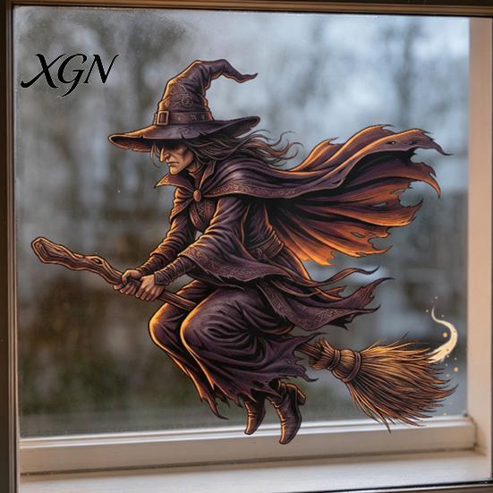 Halloween Party Supplies Witch on Broomstick Static Cling, Themed Glass Window Sticker, Decals Removable Wall Cling for Storefront Windows Doors