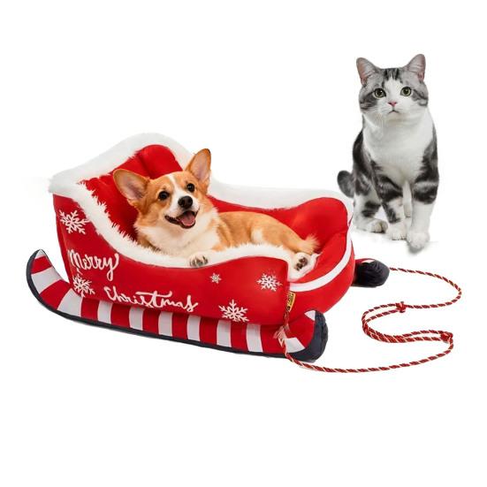 Weihnachtsschlitten Haustierbett Lustiges Flauschiges Weihnachtsmannschlitten Hundebett Abnehmbares Plüsch-Haustiersofa-Bett mit Rutschfester Unterseite für Katzen Hunde Feiertagsdeko