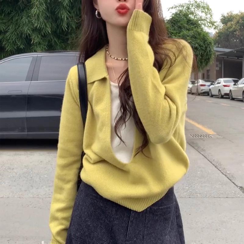 Korean Chic Lapel Long Sleeve Knit Sweater - Women's 2026 Two-Piece Style Fashion for Autumn/Winter