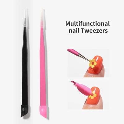 Pinzette per unghie a doppia faccia, pinzette per unghie con testa di pressione in silicone, pinzette per unghie, raccogli-adesivi, strumenti per unghie, strumenti per manicure e nail art, accessori