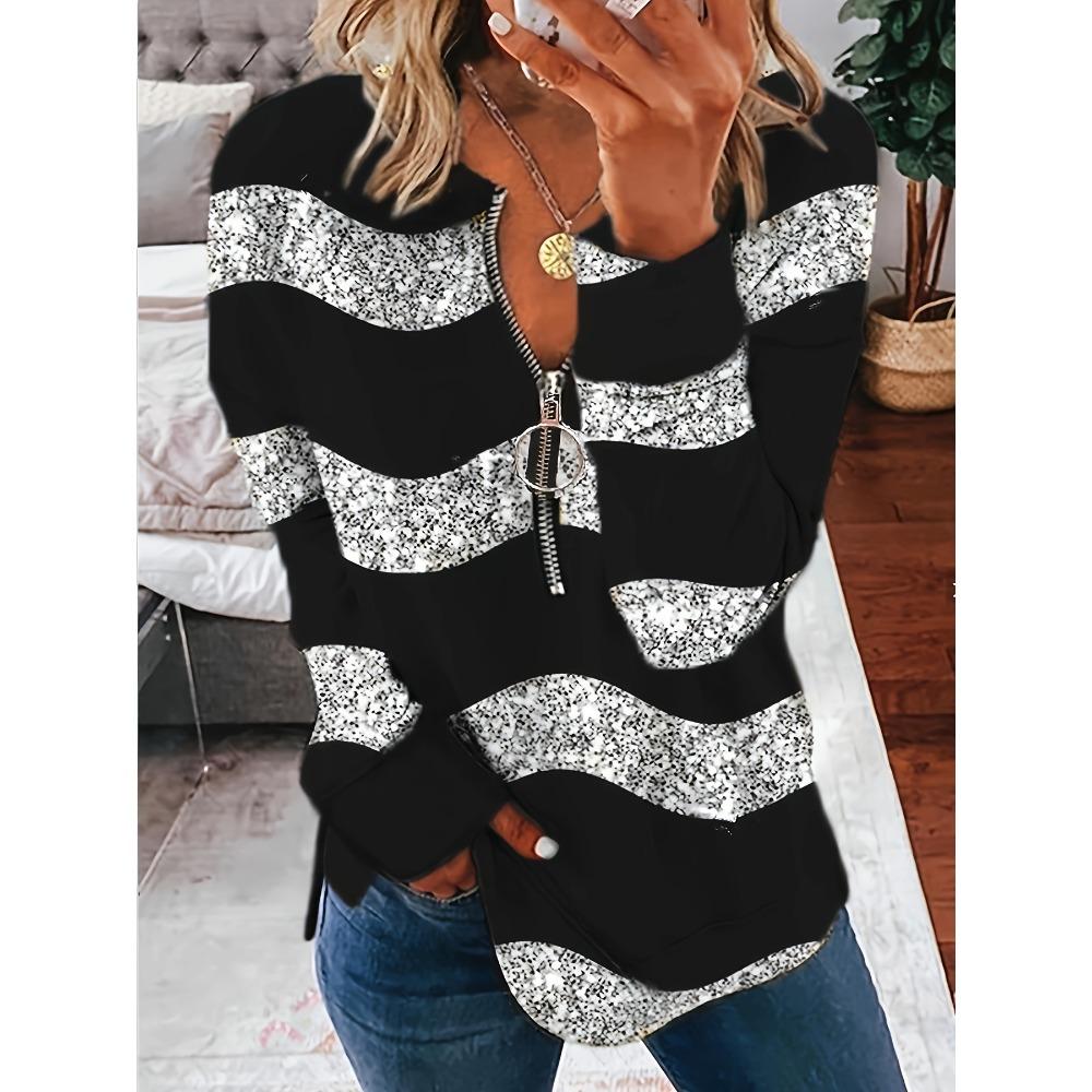 Women's Zipper Striped Long Sleeve Top