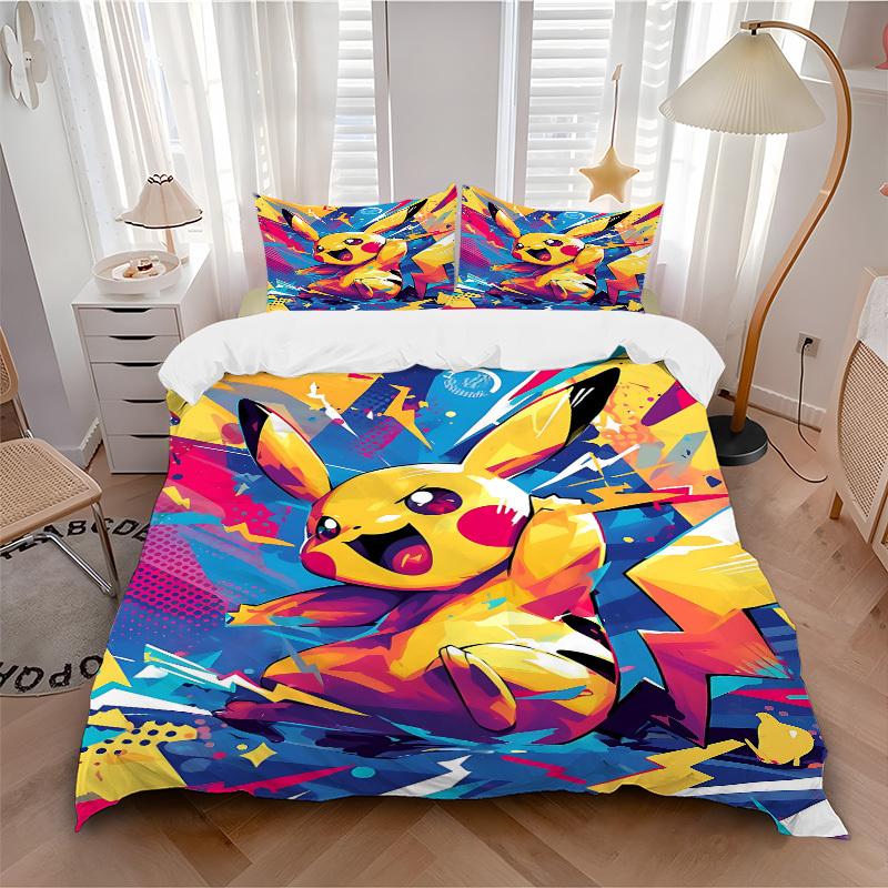 

3-компонентный комплект постельного белья с Пикачу для гостевой комнаты, спальни, декор на Рождество, Хэллоуин, подарки - для всех сезонов (Без вкладыша)a1013119 135x200cm