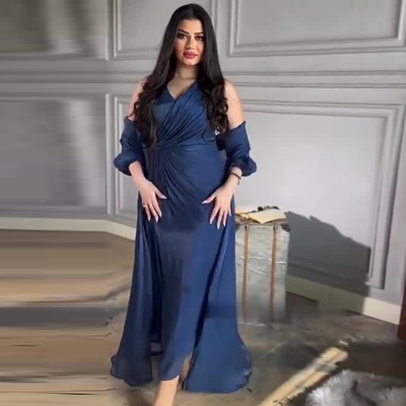 2024 Autumn European and American Pleated Waist Long Dress and Outerwear Two-Piece Set