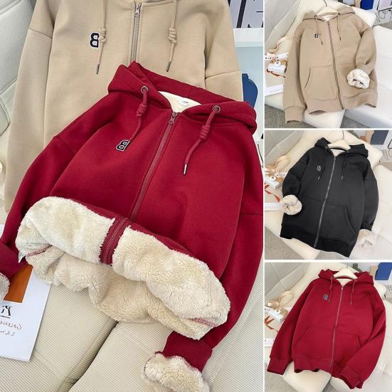 Women's Autumn and Winter Thick Fleece Hooded Warm Hoodie Long Sleeved Solid Color Loose Zipper Jacket