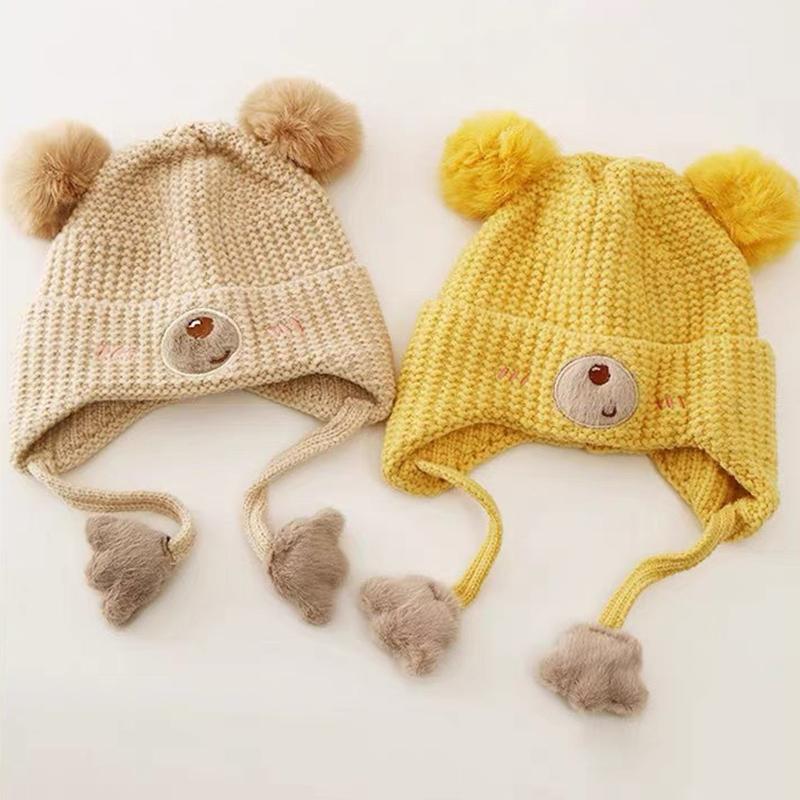 Baby Wool Hat For Boy Girls Cute Bear Ear Protection Hat Children Winter Thickened Warm Knitted Korean Cute Pompom Baby Hat