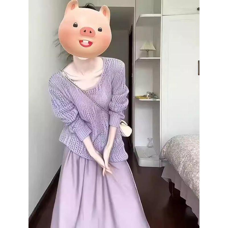 

Корейская серия Нежный ветер V-образный вырез Свободный Ажурный свитер Накидка Женский Весна Маленький Человек Длинный рукав Уличный Вязаный топ Purple S