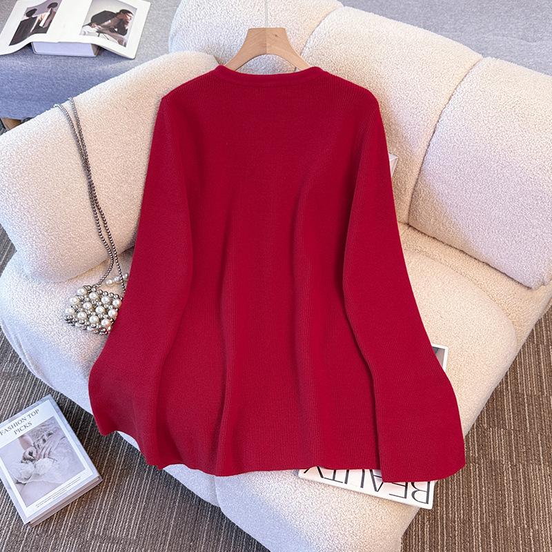 Plus-size Women's Autumn-winter New Year's Day Christmas Three-dimensional Flower Knitted Base Layer Sweater