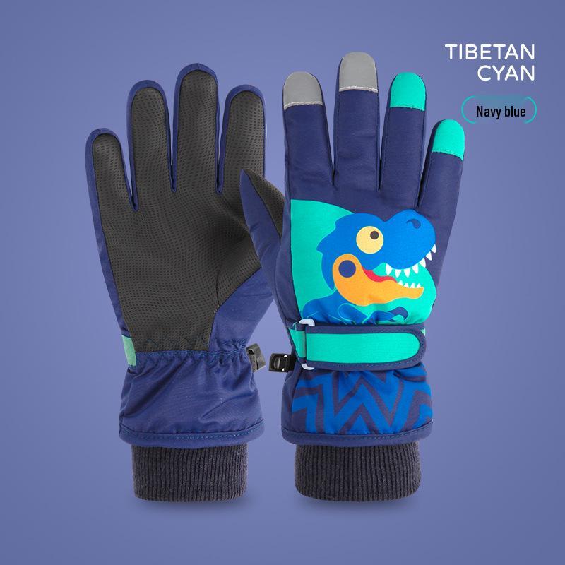 Yirenxing Kids Winter Ski Gloves - Warm, Waterproof, Thickened, with Cute Dinosaur Design M