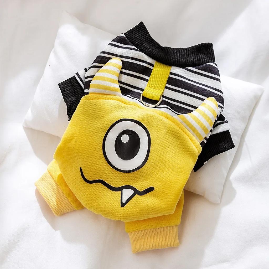 Autumn and Winter Pet Hoodie Striped Jumpsuit Cute Dog Traction Four Legged Coat Autumn Thin Velvet Teddy Pet Coat Puppy Clothes