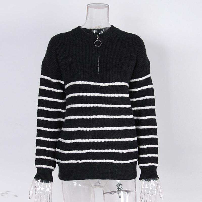 Autumn Loose Striped Long Sleeve Pullover Women's Sweaters Winter Tops Vintage Zipper Round Neck Knitted Sweater Woman Elegant Ladies Jumpers 25130