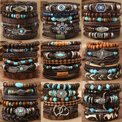 Męski Zestaw Bransoletek z Koralików 6-częściowy Bransoletki Boho Amulet Oko Proroka Serce Pióro Ręcznie Robiony Pleciony Etniczny Zestaw dla Mnie