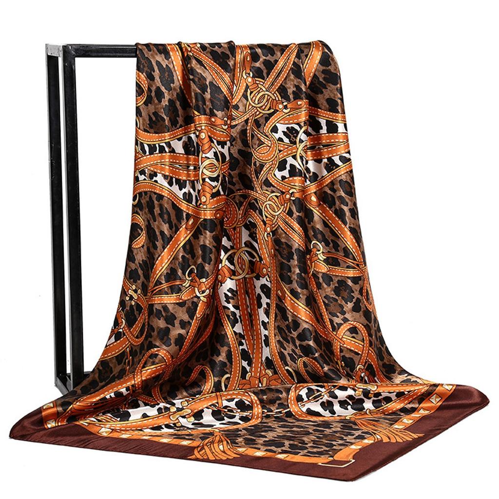 Retro leopard print two-color 91 imitation silk square scarf, female foreign high-end shawl temperament silk scarf
