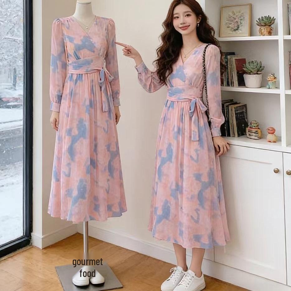 Bohemian V-neck Plus Size Waist-cinching Slimming Dress with Slit and Long Sleeves XL розовый