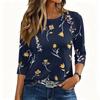 Women 3/4 Sleeve Crew Neck Button Decor Top Floral Pattern Casual Loose Fit Soft Fabric Pullover Shirt for Daily Wear