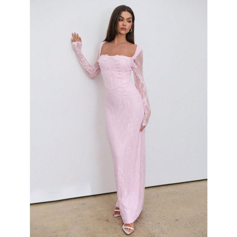 Xiyin Nian Square Neck Lace Splicing Split Fork Waist Skinny Long Sleeve Hip Wrap Zipper Dress