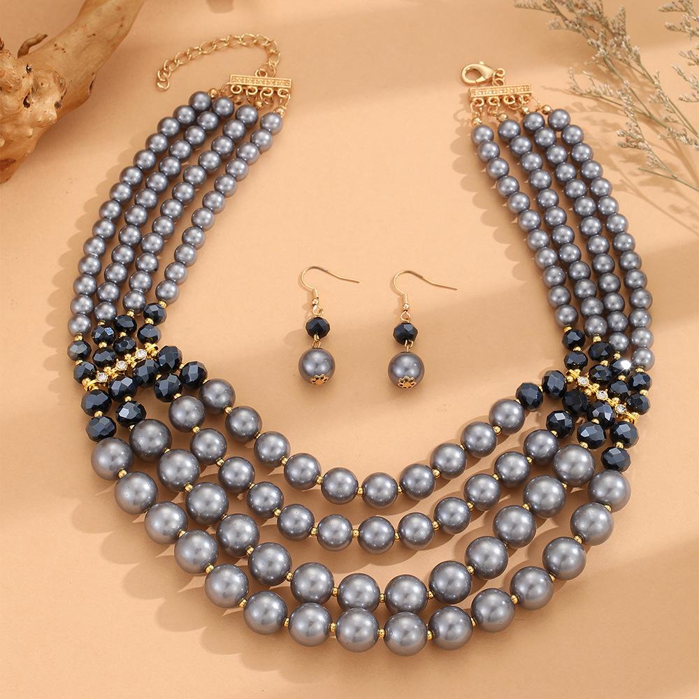 Multi-layer Handmade Imitation Pearl Crystal Beaded Necklace Earring Jewelry Set for Women Party Accessories